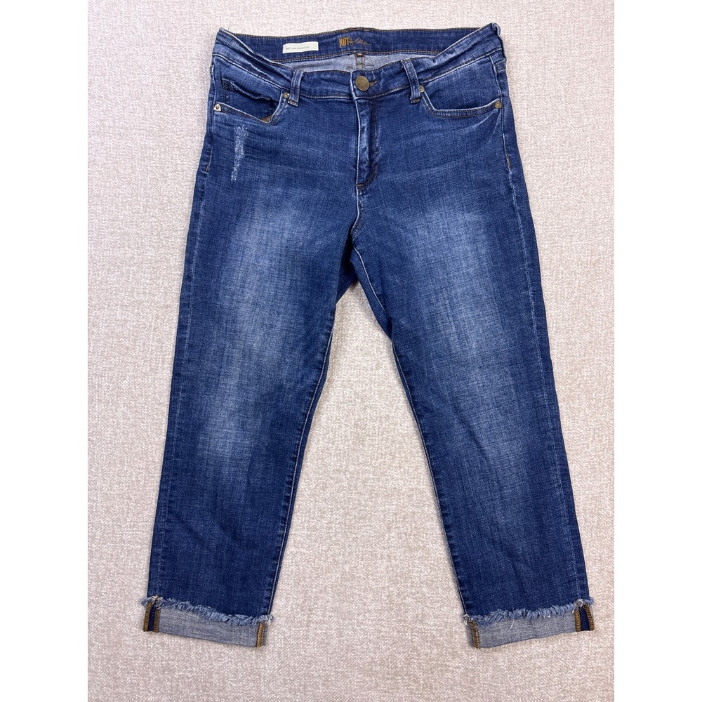 KUT from the Kloth Amy Crop Straight Leg Jeans Medium Wash Frayed Hem Size 10